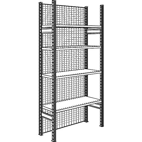 Étagère métallique avec treillis métallique et étagères, isolée. Idéal pour entrepôt ou atelier.